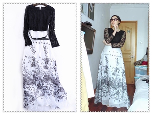 【特价】外贸原单 欧美潮牌春款蕾丝拼接素雅黑白印花长款连衣裙