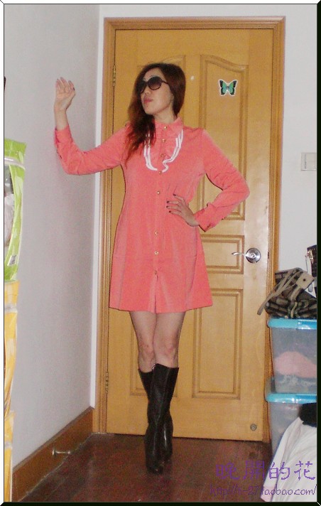 【特价】欧美大牌 甜美俏丽珊瑚红荷叶领衬衫式春秋款连衣裙