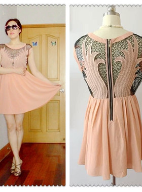 【特价】外贸原单 欧美大牌 性感蜜桔色刺绣镂空设计感连衣裙