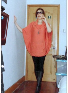 【特价】外贸原单 大牌样衣艳丽暖橙色蝙蝠袖设计感中长款针织衫