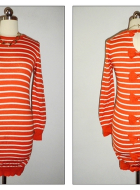 【特价】外贸原单 欧美大牌 橙色条纹蝴蝶结装饰棉针织连衣裙