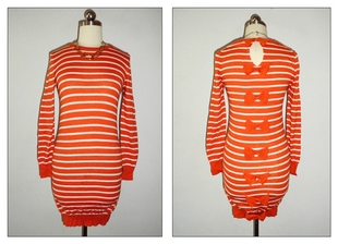 【特价】外贸原单 欧美大牌 橙色条纹蝴蝶结装饰棉针织连衣裙