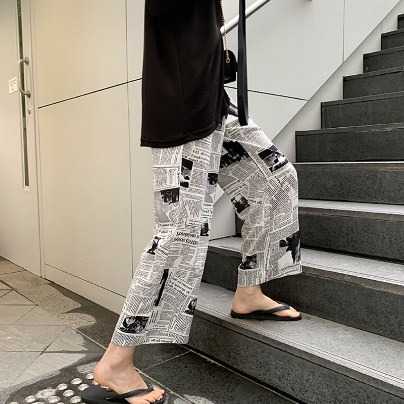 孕妇阔腿裤春秋季新款外穿原宿风垂感报纸印花显瘦宽松休闲直筒裤
