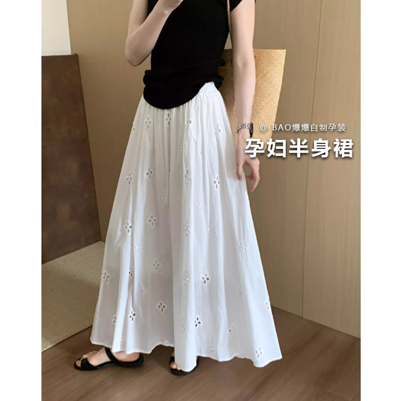 孕妇装夏季新款刺绣镂空蛋糕半身裙无托腹白色宽松中长A字伞裙子