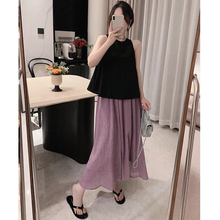 孕妇套装2025新款春夏季黑色无袖背心上衣+紫色棉麻半身裙两件装