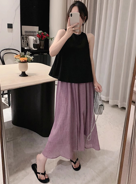 孕妇套装2025新款春夏季黑色无袖背心上衣+紫色棉麻半身裙两件装