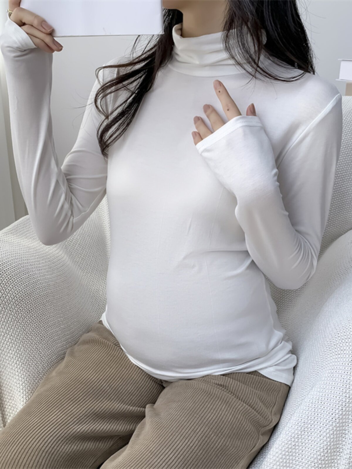 임산부 베이스 레이어 가을 겨울 하이 칼라 이너웨어 2024 새로운 부드러운 순면 고탄력 루즈 대형 겨울 탑