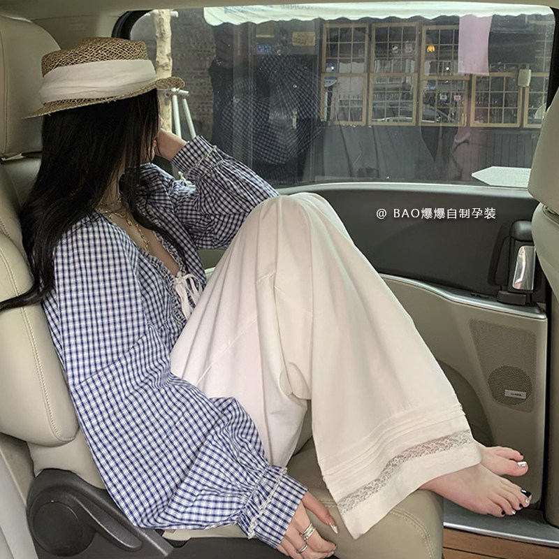 孕妇白色阔腿裤夏春季款外穿宽松抽绳蕾丝花边直筒拖地裤产后可穿
