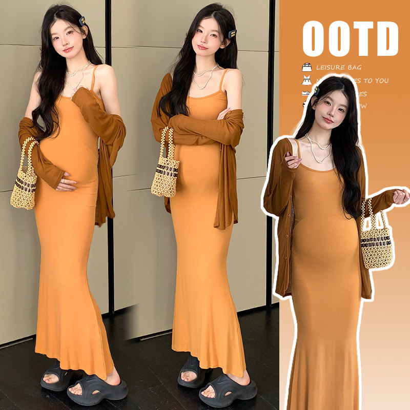 孕妇连衣裙2026春夏法式修身套装弹力针织吊带裙+针织开衫两件套