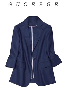 2025新款春夏亚麻小西装薄款外套藏青色职业装OL蓝色七分袖单上衣