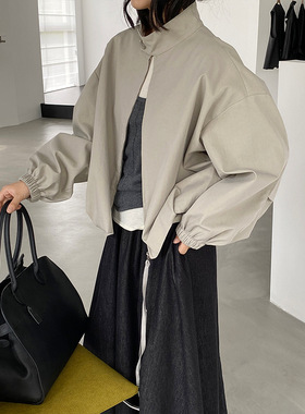 过而歌韩系工装风立领花苞摆休闲短风衣外套女秋宽松显瘦夹克