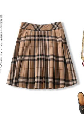 半身裙2025秋新款高端毛呢格子A字裙韩版高腰打底半身百褶裙子女