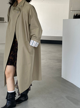 过而歌韩代风衣 高级感长款一粒扣外套女宽松条纹拼接上衣 6326