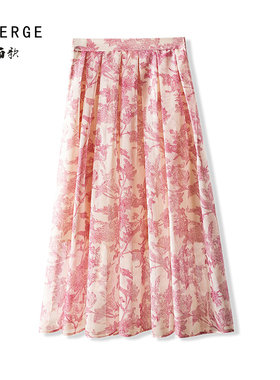 2025夏法式高级感网格印花大摆高腰半身裙中长款百褶裙A字裙伞裙