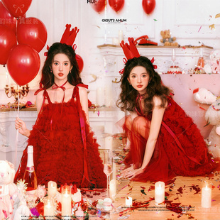 新款影楼少女生日主题拍照写真红色连衣裙氛围感肖像艺术照摄影服
