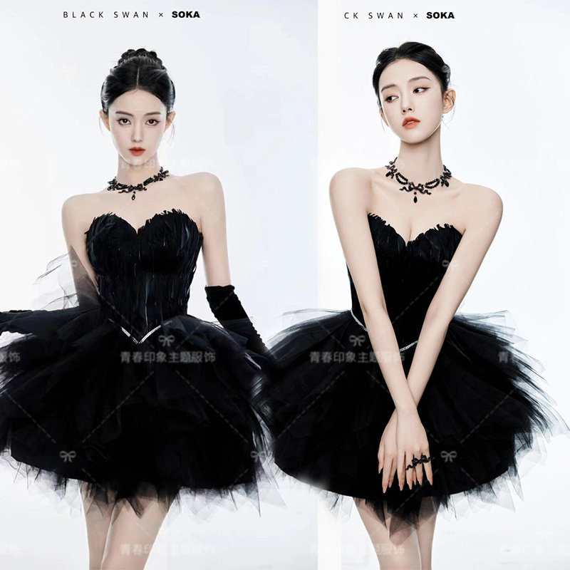 影楼拍照服装舞台演出服新款黑色精灵天鹅羽毛抹胸小短裙生日写真