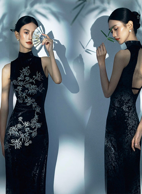 影楼新款国风中式水墨画光影复古黑色气质旗袍肖像写真艺术照服装