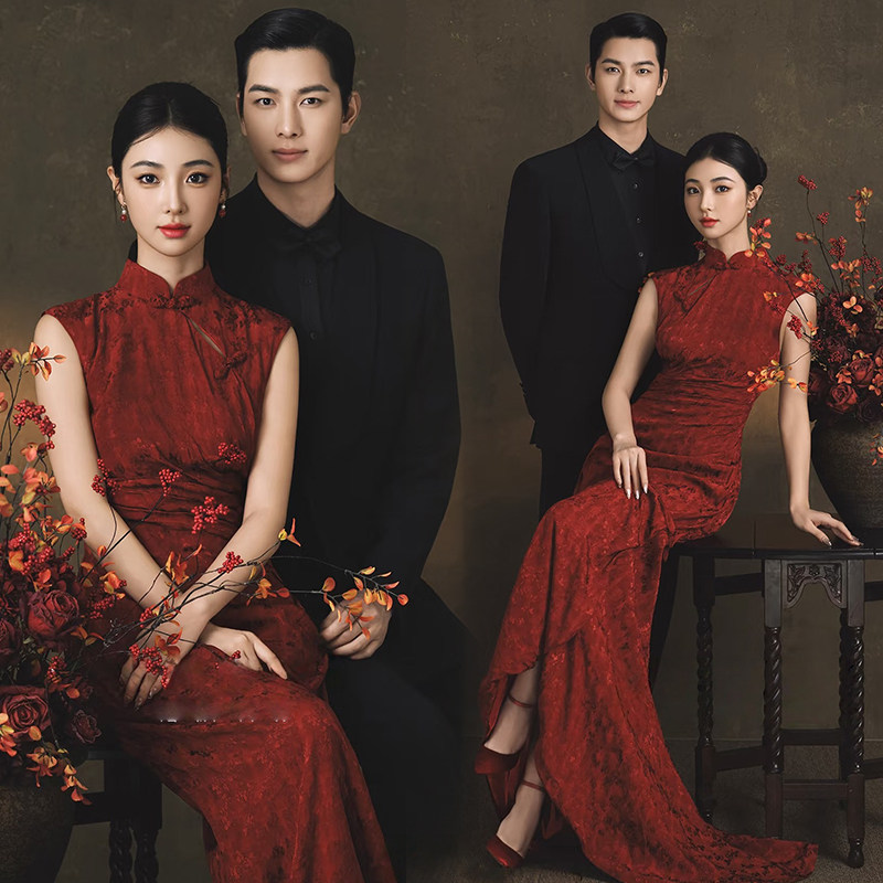26新款复古油画风红色新中式高级感旗袍影楼婚纱照氛围感摄影服饰