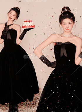 影楼新款主题黑色赫本风名媛千金韩系画报风生日写真艺术拍照服装