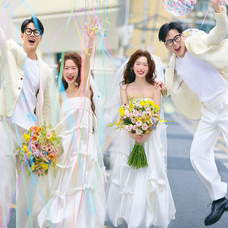 影楼拍照主题服装法式复古缎面白色抹胸连衣裙高级旅拍晨订婚礼服