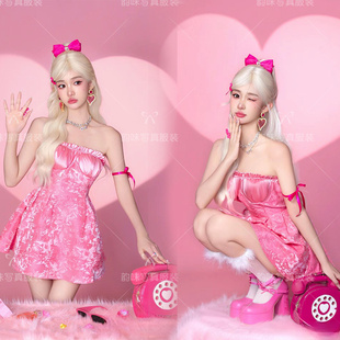 甜心少女生日艺术照摄影 新款 时尚 芭比主题粉色多巴胺写真服装 美式