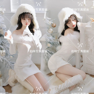影楼圣诞主题冬季雪景个人写真白色毛衣小清新私房艺术照摄影服装
