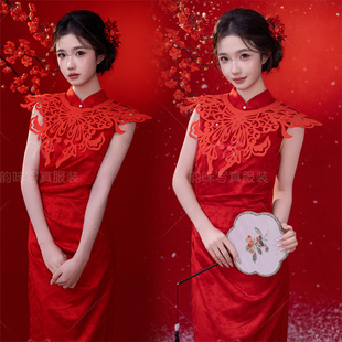 新款影楼中式复古红色剪纸旗袍个人新年肖像写真氛围艺术照摄影