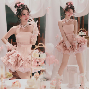 影楼韩系画报甜美公主少女生日主题写真服装 25新款 粉色艺术照摄影
