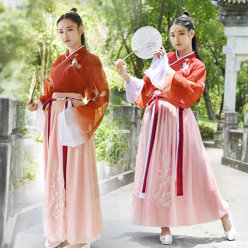 新款汉服一点春齐腰仙鹤超仙日常襦裙中国风学生樱花广袖古风装