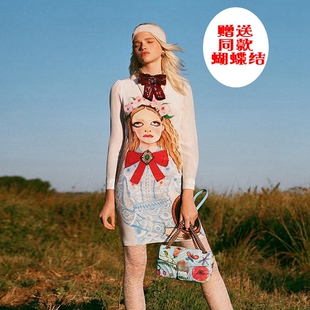 清仓早春新款倪妮名星同款少女女孩卡通印花水钻蝴蝶结长袖连衣裙