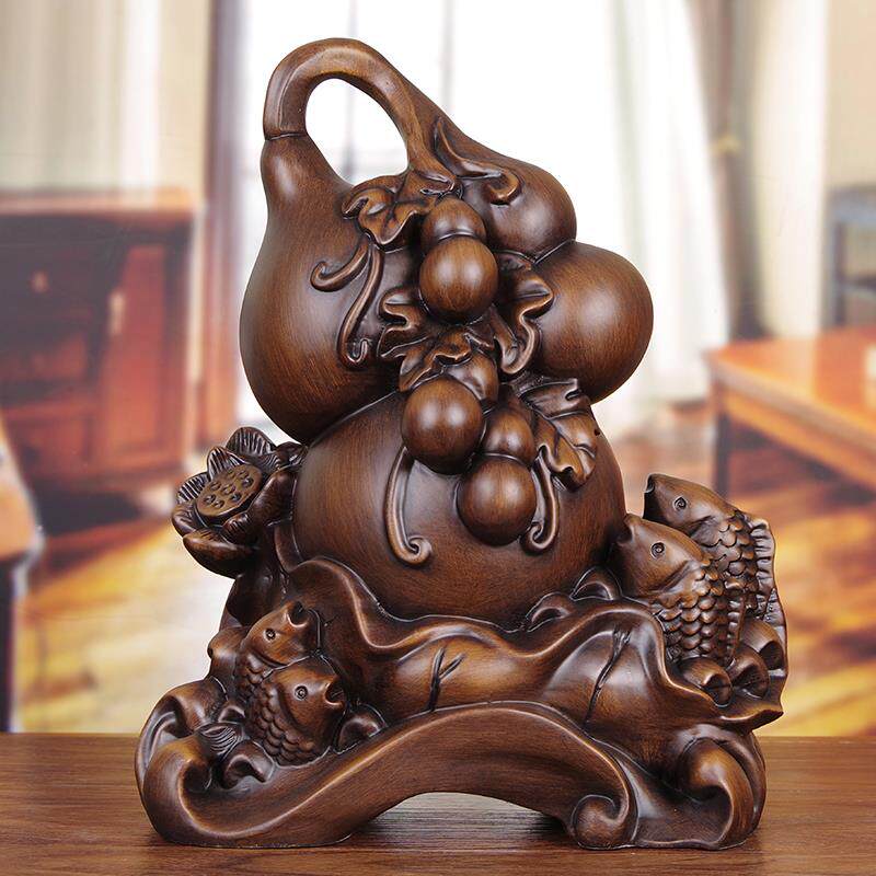 招财葫芦摆件实木雕福禄有余鱼祝寿礼品客厅玄关电视柜中式装饰品
