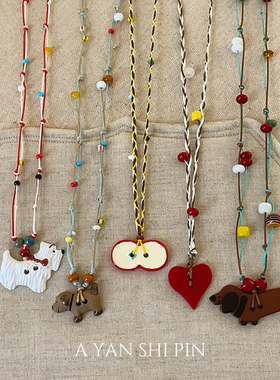 萌趣可爱苹果爱心腊肠狗项链女小众独特设计感彩色编绳长款锁骨链
