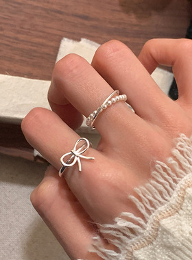 小众设计感蝴蝶结珍珠交叉双层戒指女可调节叠戴指环2026新款爆款