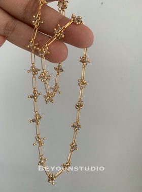 水晶球手工花朵项链黄铜镀金女