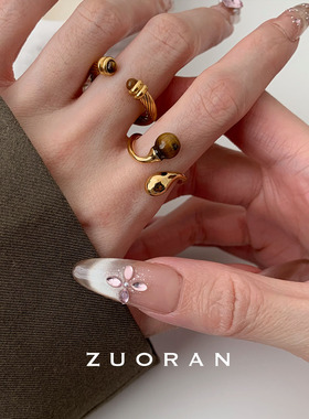 ZUORAN 欧美小众复古高级感虎眼石开口戒指设计感气质百搭女戒