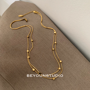 ZUORAN 时尚小众设计金色双层方块项链休闲百搭气质钛钢锁骨链133