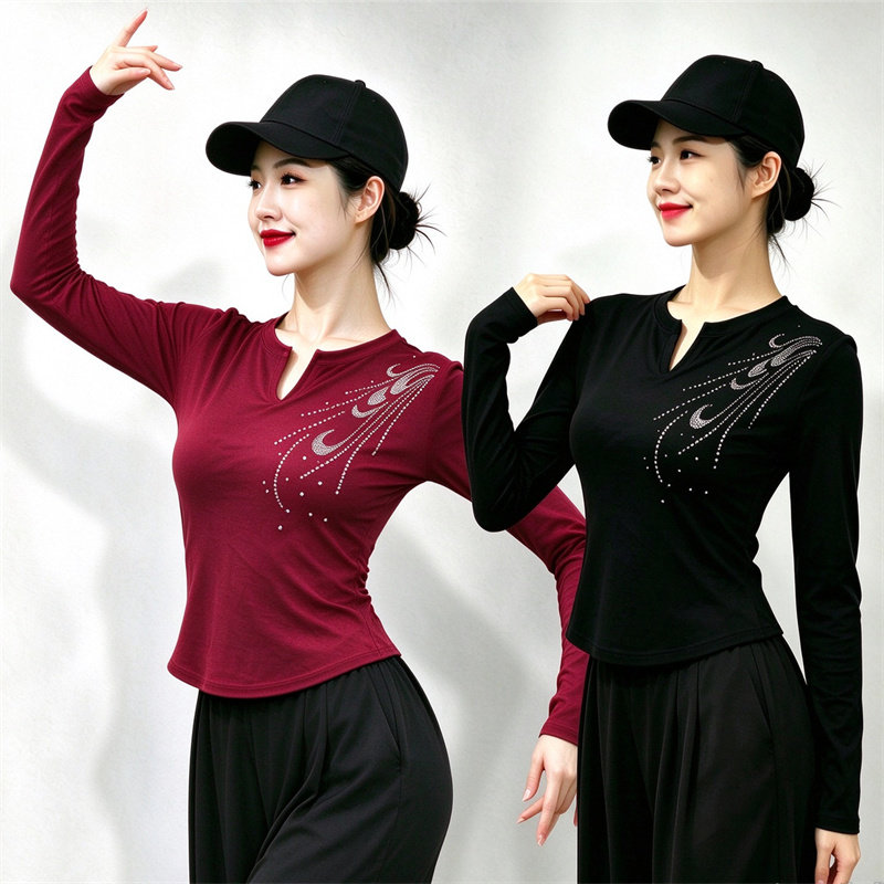 超婳烫钻长袖螺纹棉收腰舞蹈服女