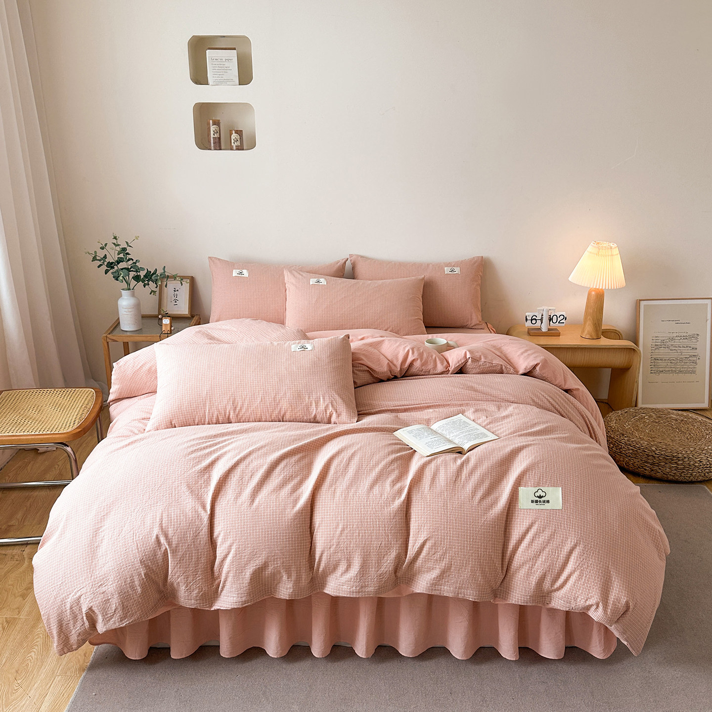 2025新款北欧简约风全棉纯棉色织水洗棉床裙款床上四件套四季通用,床上用品,床品套件/四件套/多件套,淘宝优惠券,粉丝福利购,淘宝优惠卷