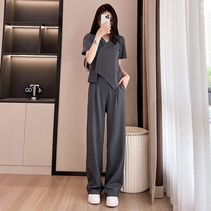 胖mm短袖女装百搭显瘦上衣T恤休闲阔腿裤子大码藏肉运动夏季套装