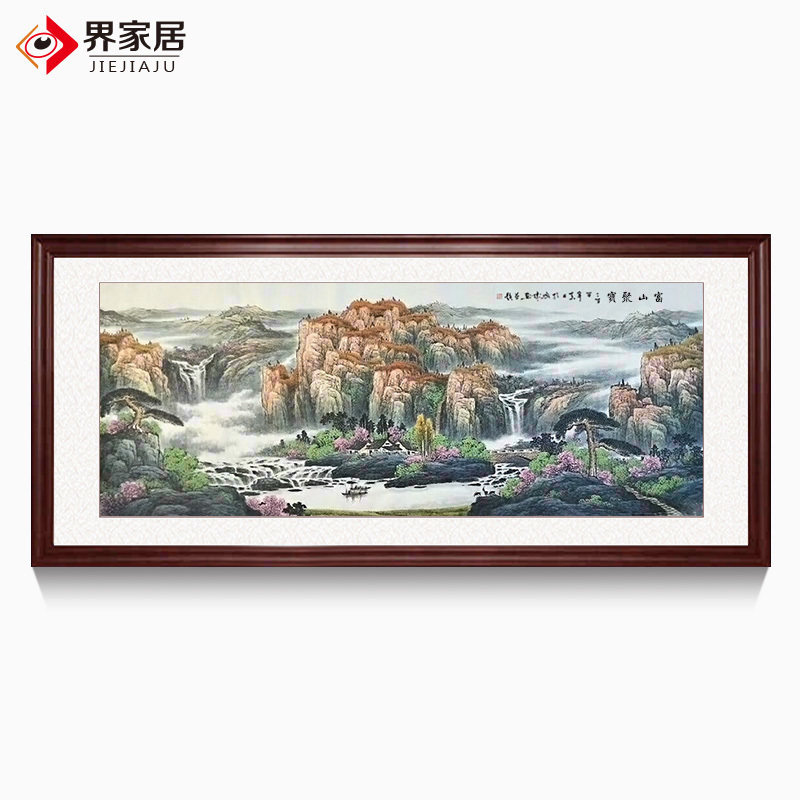 中国风装饰画手绘聚宝盆客厅背景墙山水老板办公室靠山挂画新中式