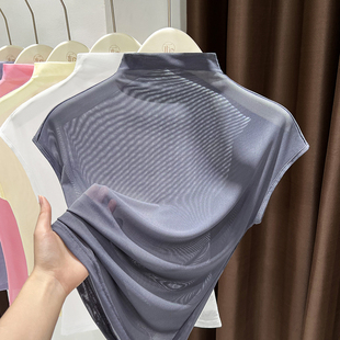 透明上衣微透性感 纱衣正肩修身 冰丝网纱半高领短袖 T恤女2025夏季