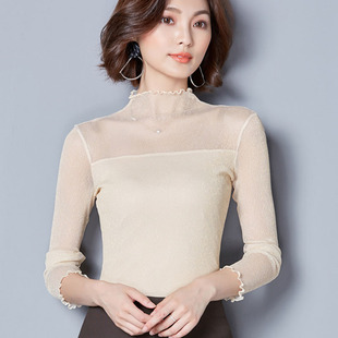 女装 亮丝网纱打底衫 女长袖 2019秋装 t恤内搭蕾丝小衫 大码 修身 新款