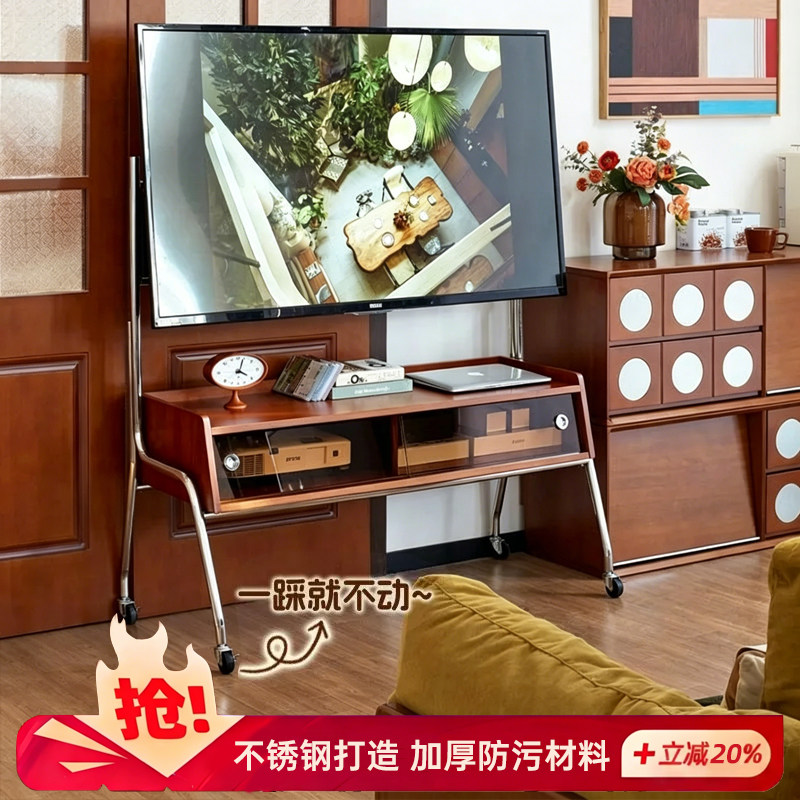 电视机可旋转移动电视支架落地式客厅家用中古风实木置物电视架子