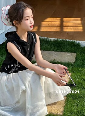 布芮欧夏款儿童无袖连帽背心T恤中大童短款上衣女童潮77021