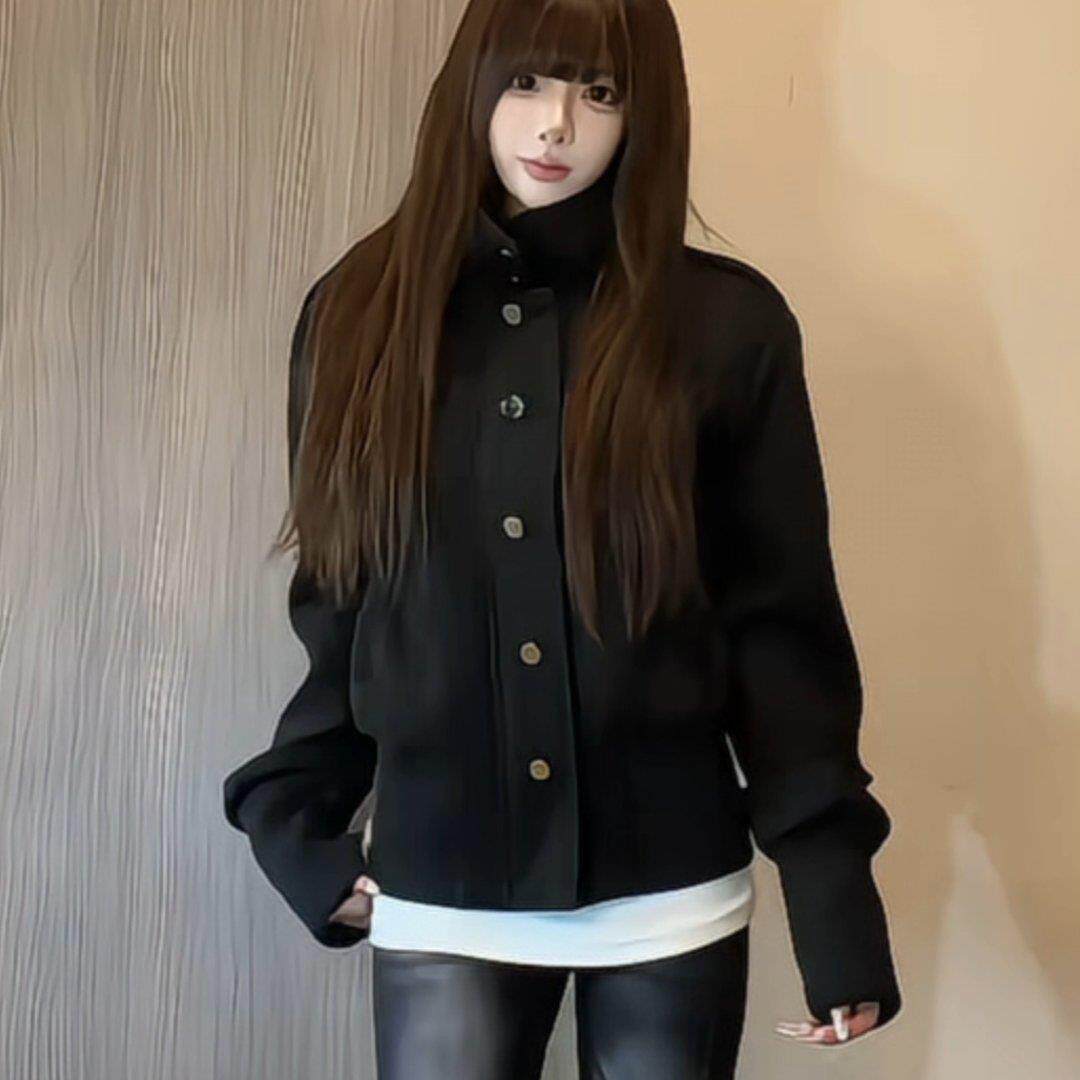 黑色立领麂皮绒外套女秋季新款美式复古收腰显瘦休闲百搭短款夹克