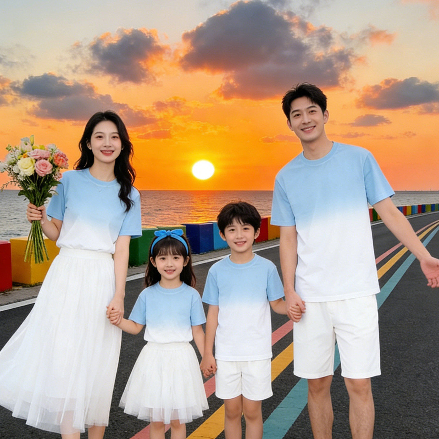 一家三口夏季多巴胺沙滩T恤渐变