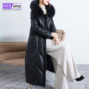 真皮羽绒服女中长款2025冬新连帽正品牌狐狸毛领海宁绵羊皮衣外套