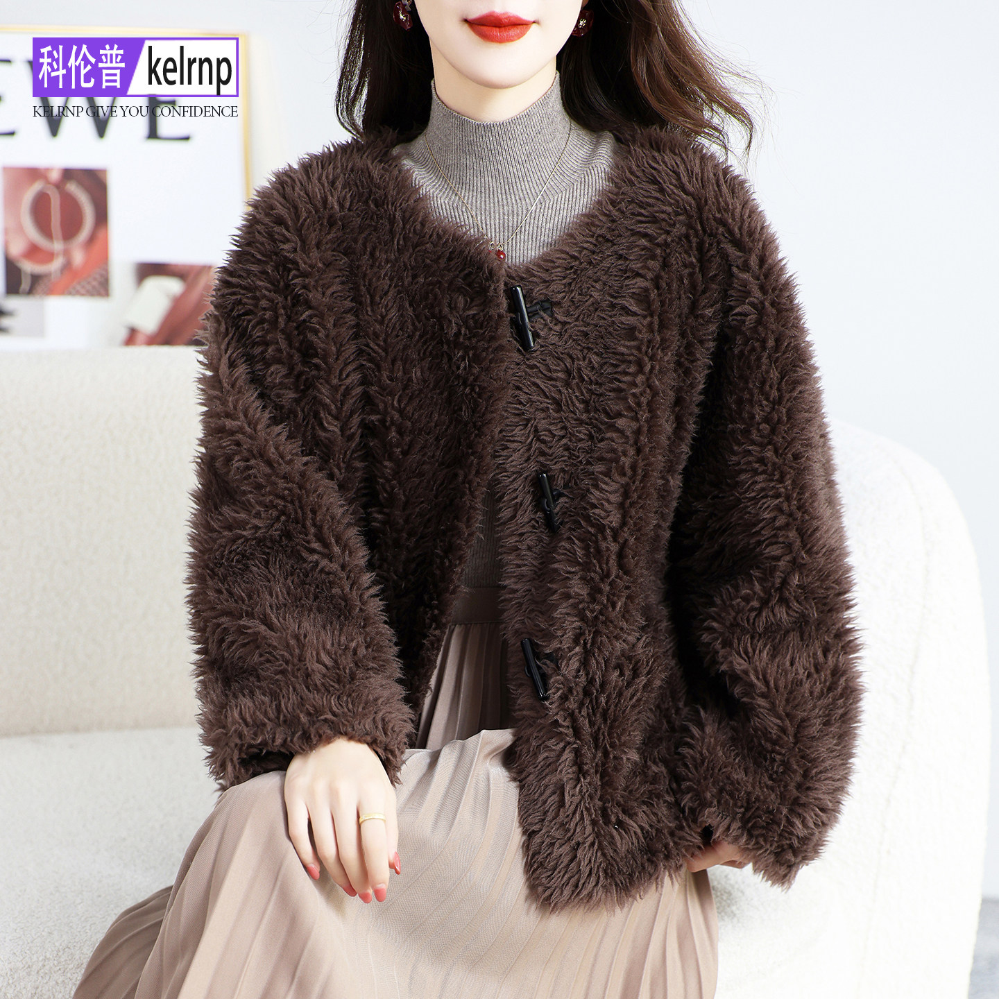 气质海宁长羔羊毛毛颗粒皮草外套