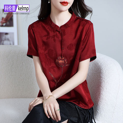 短袖高端桑波缎100%桑蚕丝上衣女