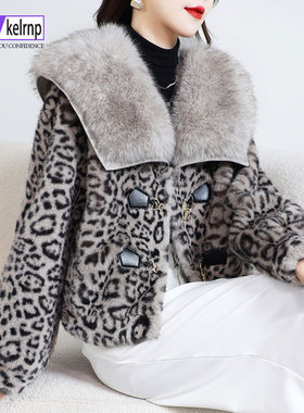 金貂绒大衣女2025冬新短款豹纹海军毛领OL海宁仿水貂毛毛皮草外套